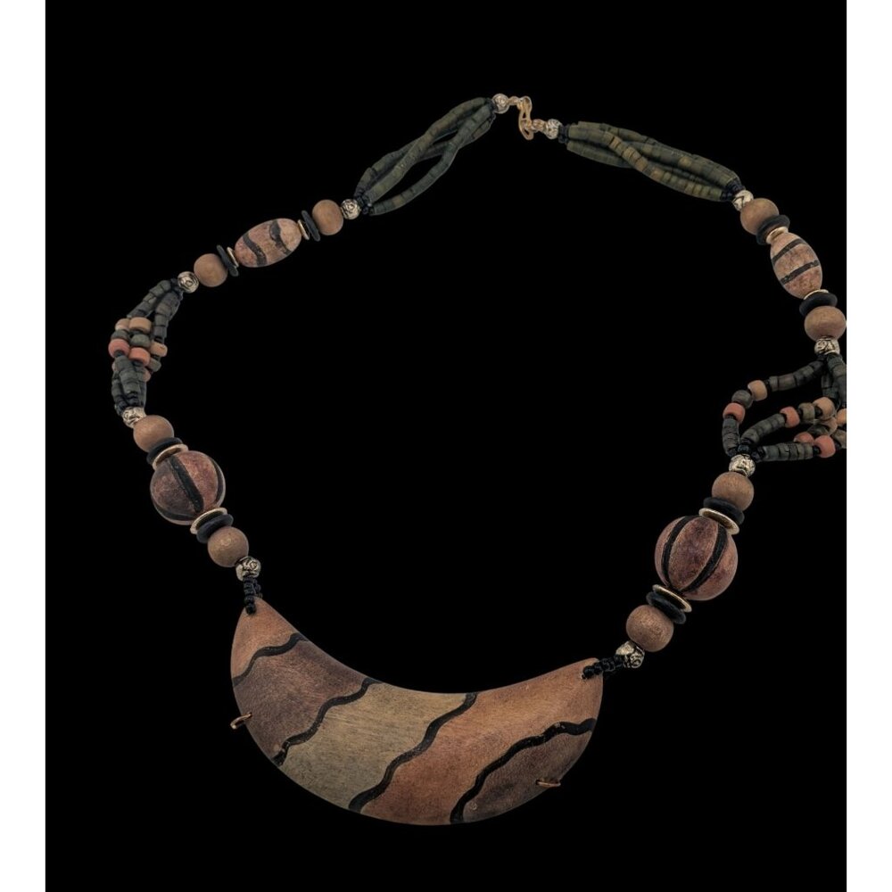 Vintage Tribal Hand Painted Wooden Beaded Necklace